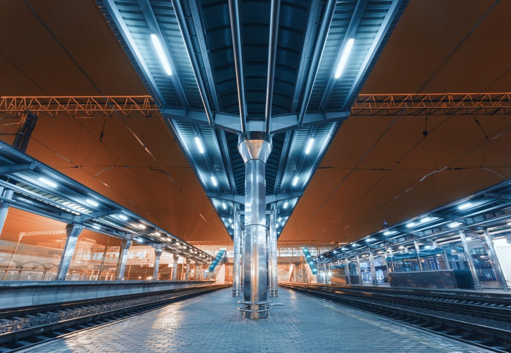 Modern futuristic railway station with illumination